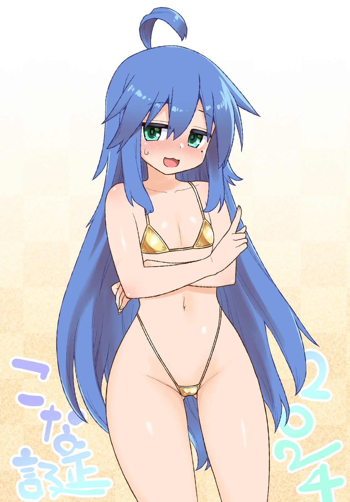 1girls :3d ahoge bikini blue_eyes blue_hair celtrance embarrassed embarrassed_female embarrassed_nude_female female female_only flat_chest golden_week japanese_text konata_izumi long_hair looking_at_viewer lucky_star micro_bikini navel nervous petite sexy_pose shiny_skin shy small_breasts smaller_female standing sweat sweatdrop thighs