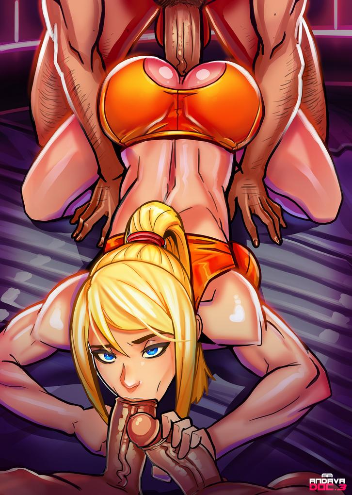 :>, 1girls, 3boys, andava, artist name, blonde hair, blue eyes, crotch cutout, doggy style, fellatio, female, female protagonist, gangbang, handjob, looking at viewer, male, metroid, multiple boys, multiple males, multiple penises, muscular, muscular female, nintendo, oral, penis, ponytail, samus aran, sex, spitroast, tied hair, torn clothes, uncensored, unseen male face, veiny penis