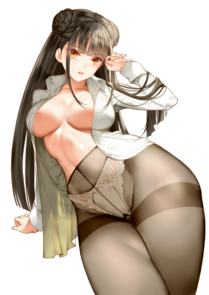 1girls, bangs, black hair, breasts, curvy, double bun, dress shirt, female, large breasts, looking at viewer, no bra, open clothes, open shirt, panties under pantyhose, pantyhose, parted lips, saburou (hgmg), shirt, simple background, sitting, solo, thick thighs, very long hair, white background, white panties, white shirt, yellow eyes