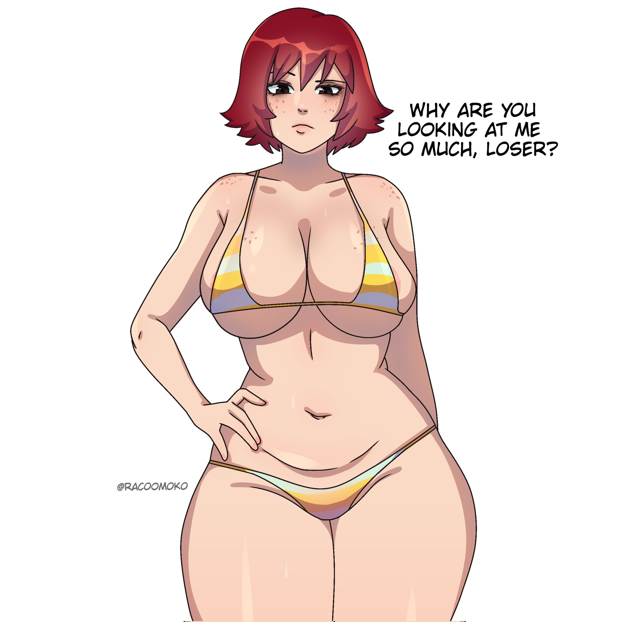 1girls, bikini, black eyes, blush, breasts, dialogue, english text, female, freckles, freckles on breasts, freckles on face, freckles on shoulders, hand on hip, kim pine, racoomoko, red hair, scott pilgrim, short hair, solo, solo female, striped underwear, sweat, swimsuit, swimwear, underwear