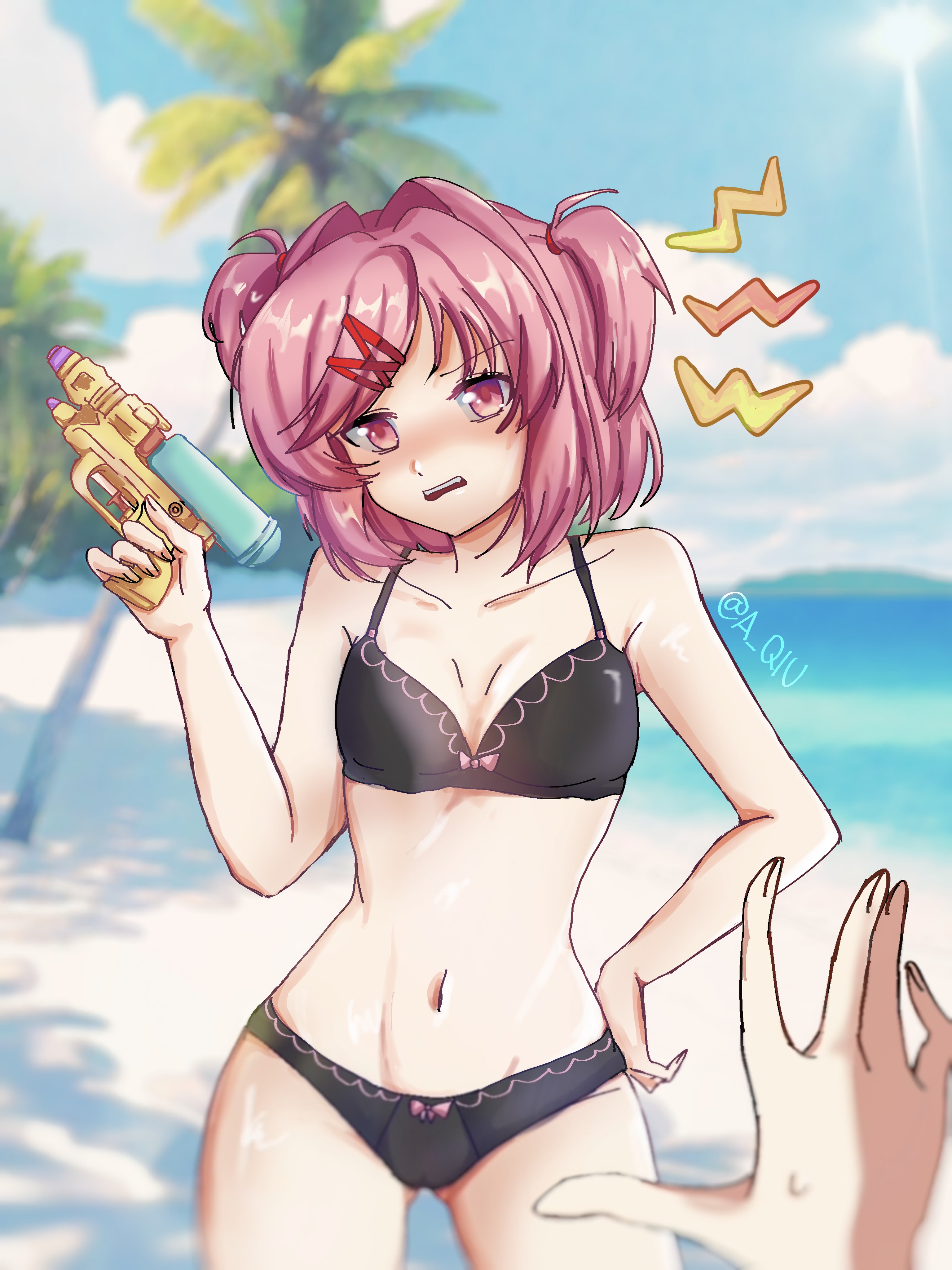 1girls, 5 fingers, a qiu, artist name, bare shoulders, black bra, black panties, blushing, bra, breasts, cameltoe, cute fang, doki doki literature club, embarrassed underwear female, euf, female, female focus, looking at viewer, natsuki (doki doki literature club), navel, panties, petite, petite body, petite female, pink eyes, pink eyes female, pink hair, pink hair female, short hair, short hair female, small breasts, solo focus, twitter username, underwear, underwear only, water, water gun, watergun