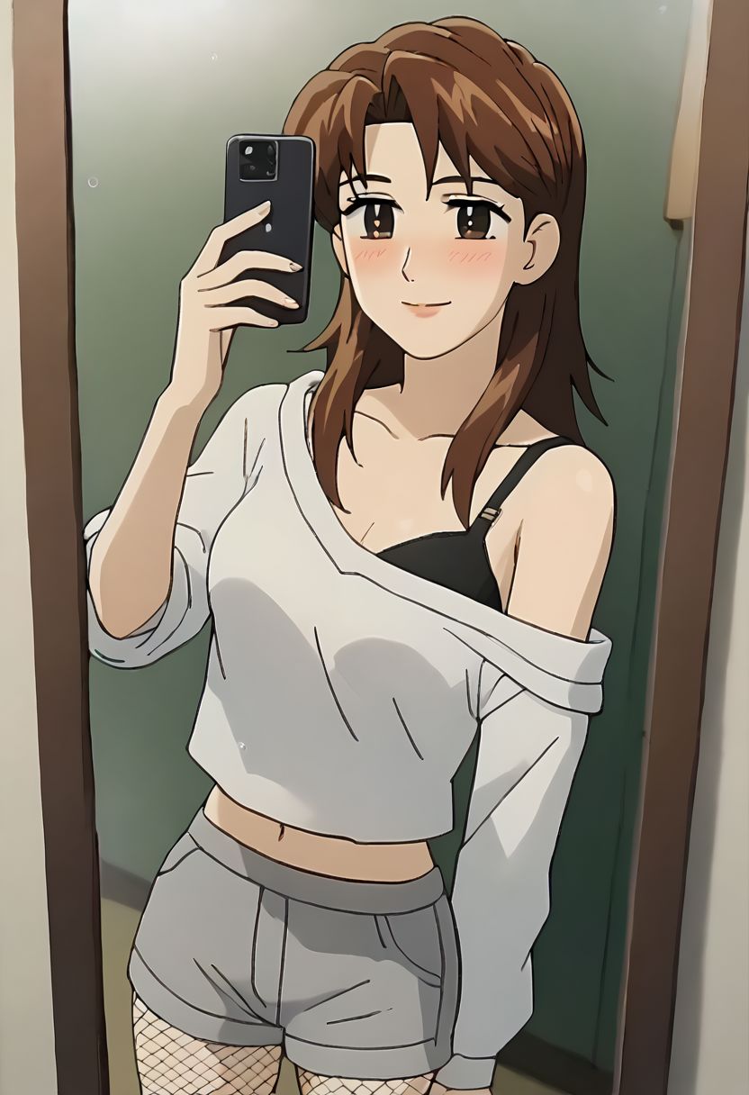 ai_generated black_bra civitai fishnets holding_phone mirror mirror_selfie off_shoulder reina_akikawa shorts wangan_midnight white_hoodie