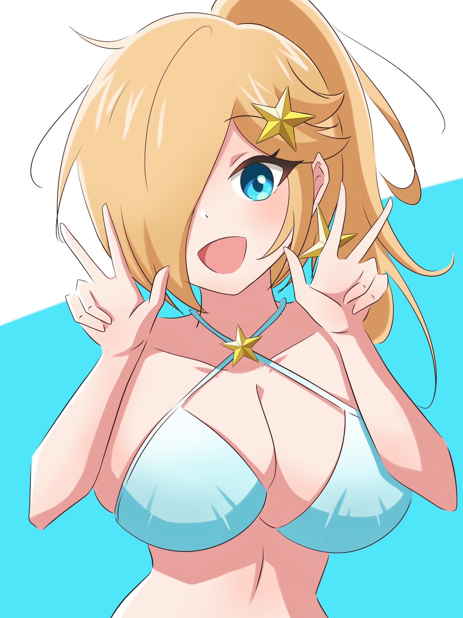 ass, big breasts, blonde, blonde hair, blue eyes, breasts, female, hips, mario (series), nintendo, peace sign, ponytail, pose, princess rosalina, straight hair, yassrosalina