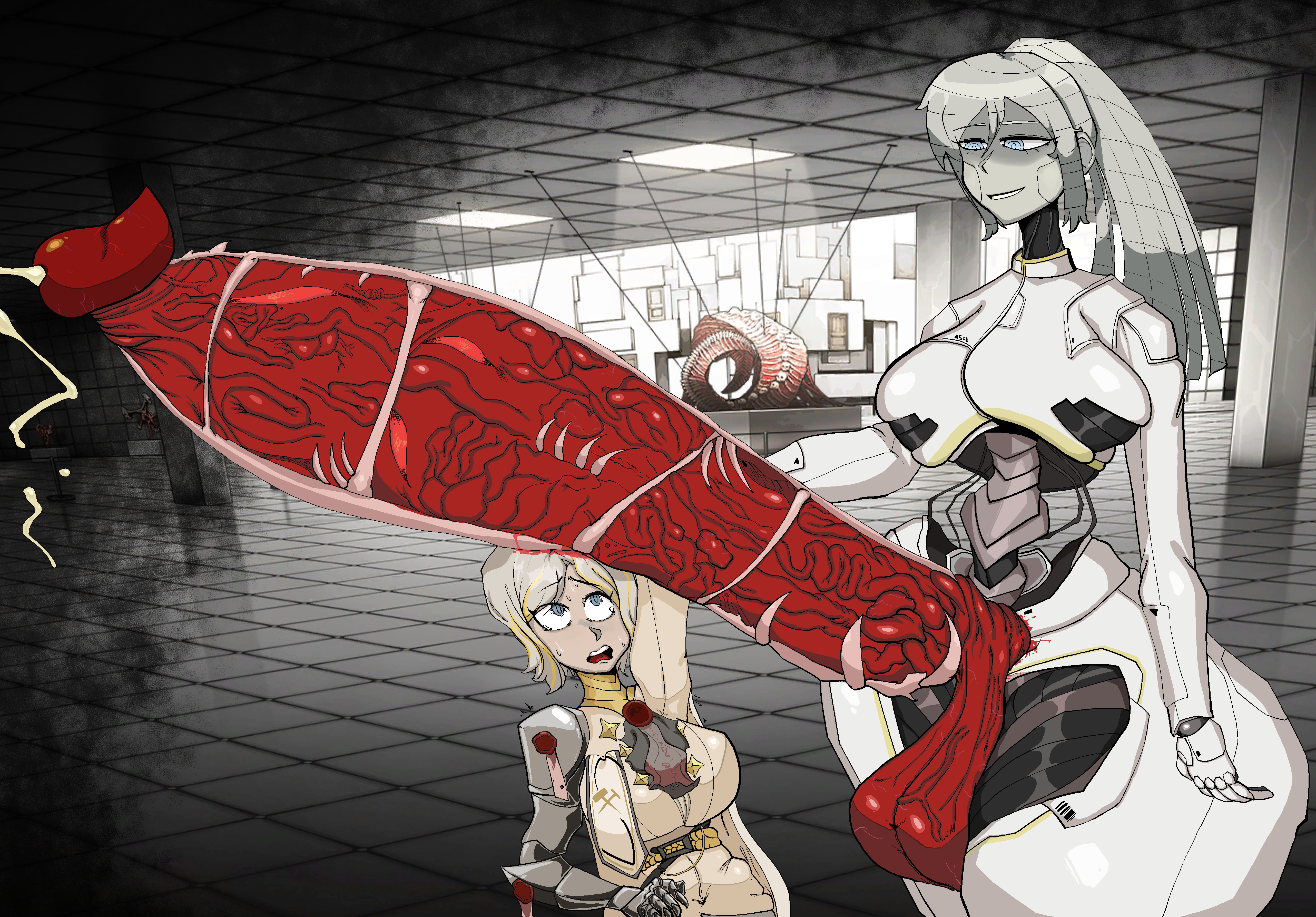 albina (limbus company), armor, background, big dom small sub, big penis, clothing, cock shock, faust (limbus company), female, futa on female, futanari, gigantic penis, heart symbol, huge penis, hyper, hyper penis, limbus company, long penis, meat, metallic body, monster cock, n corp. fanatic (identity) (project moon), penis, penis awe, project moon, robot breasts, robot girl, robot on human, sassy dolly, size difference, uncensored