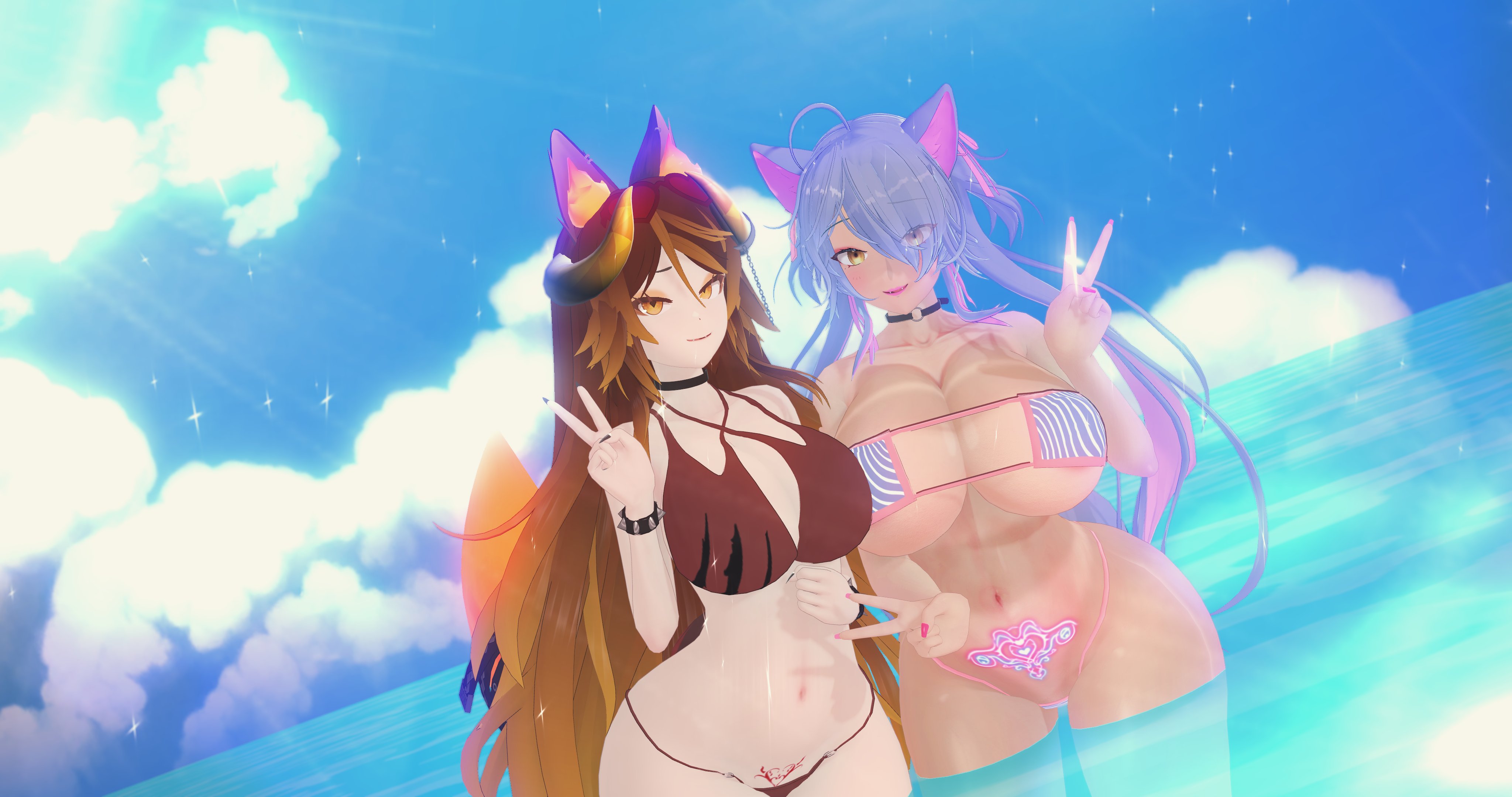 3d, ass, big ass, big breasts, bikini, blue hair, breasts, cat ears, cat girl, cat tail, catgirl, collar, deluxe rosie, eyes visible through hair, female, hellhound, horns, indie virtual youtuber, light skin, light-skinned female, looking at viewer, peace sign, pubic tattoo, rosie (vtuber), sinder (vtuber), spiked bracelet, string bikini, tan body, virtual youtuber, water, wolf, wolf ears, wolf girl, wolf tail