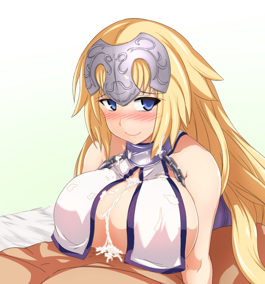 1boy bare_shoulders bed blonde_hair blue_eyes blush breasts chains cum cum_on_breasts ejaculation_between_breasts embarrassed fate/apocrypha fate_(series) female gradient_background headgear isemagu jeanne_d'arc_(fate) large_breasts long_hair no_bra paizuri paizuri_under_clothes simple_background solo_focus straight