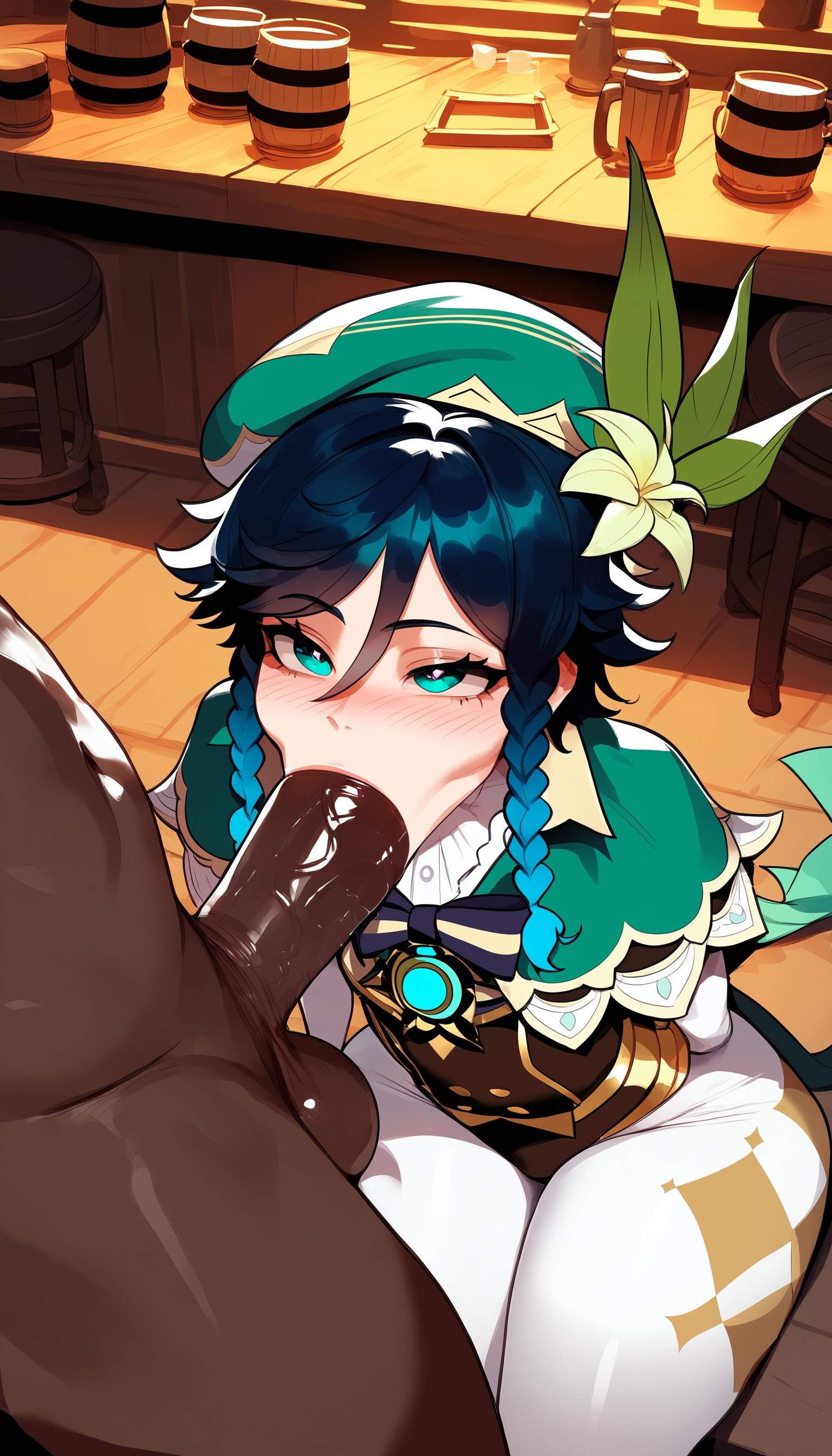 ai generated, bar, big penis, big thighs, black hair, blowjob, clothed, clothed male, clothing, dark skin, dark-skinned male, fat cock, femboy, feminine male, genshin impact, girly, green eyes, green hair, green hat, hana aera, huge cock, interracial, large penis, large thighs, long penis, male, male focus, male only, male/male, oral, oral sex, penis, pub, saloon, thick penis, thick thighs, thighs, trap, venti (genshin impact), white stockings