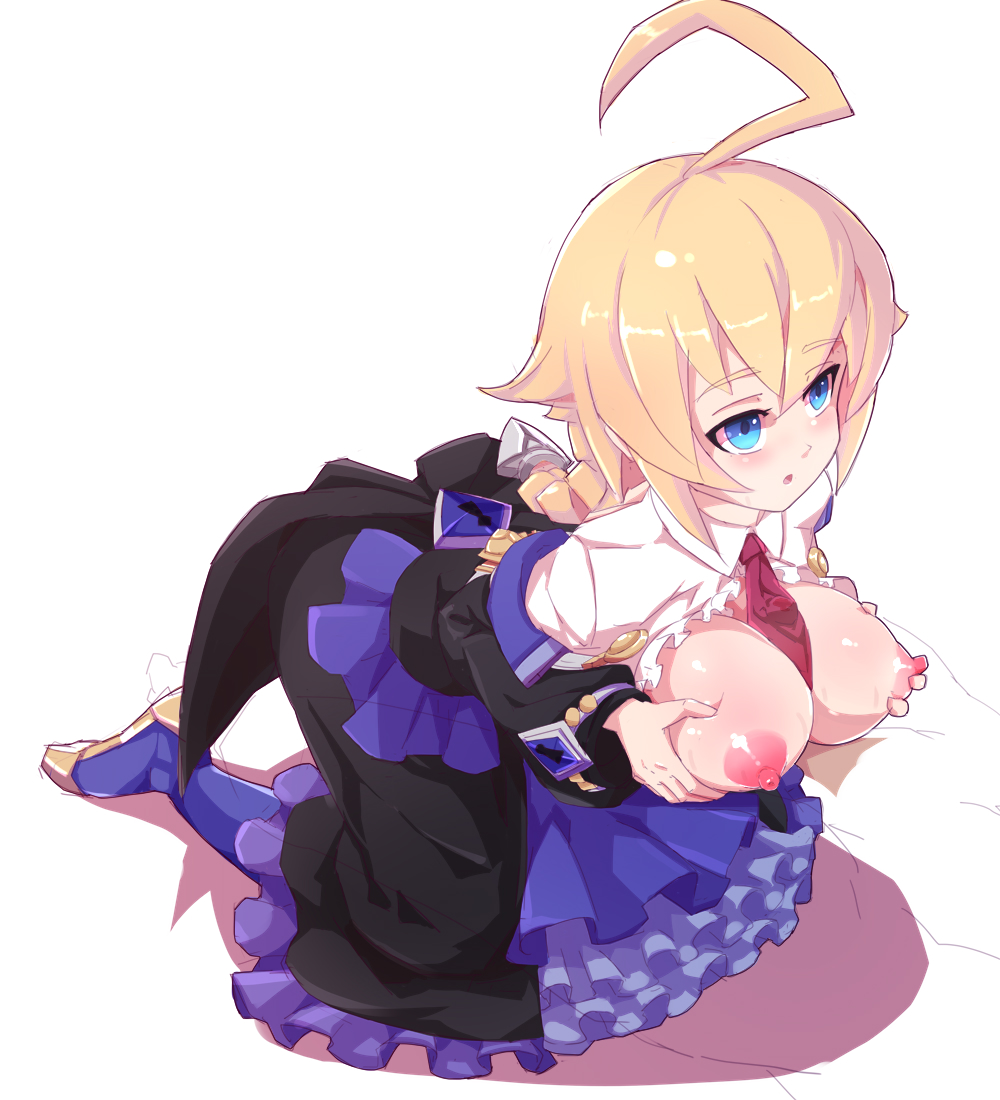 ahoge blazblue blonde_hair blue_eyes blush braid breast_lift breasts dress es_(xblaze) female frills huge_ahoge infraton kneeling large_breasts long_hair long_sleeves necktie paizuri single_braid solo tied_hair