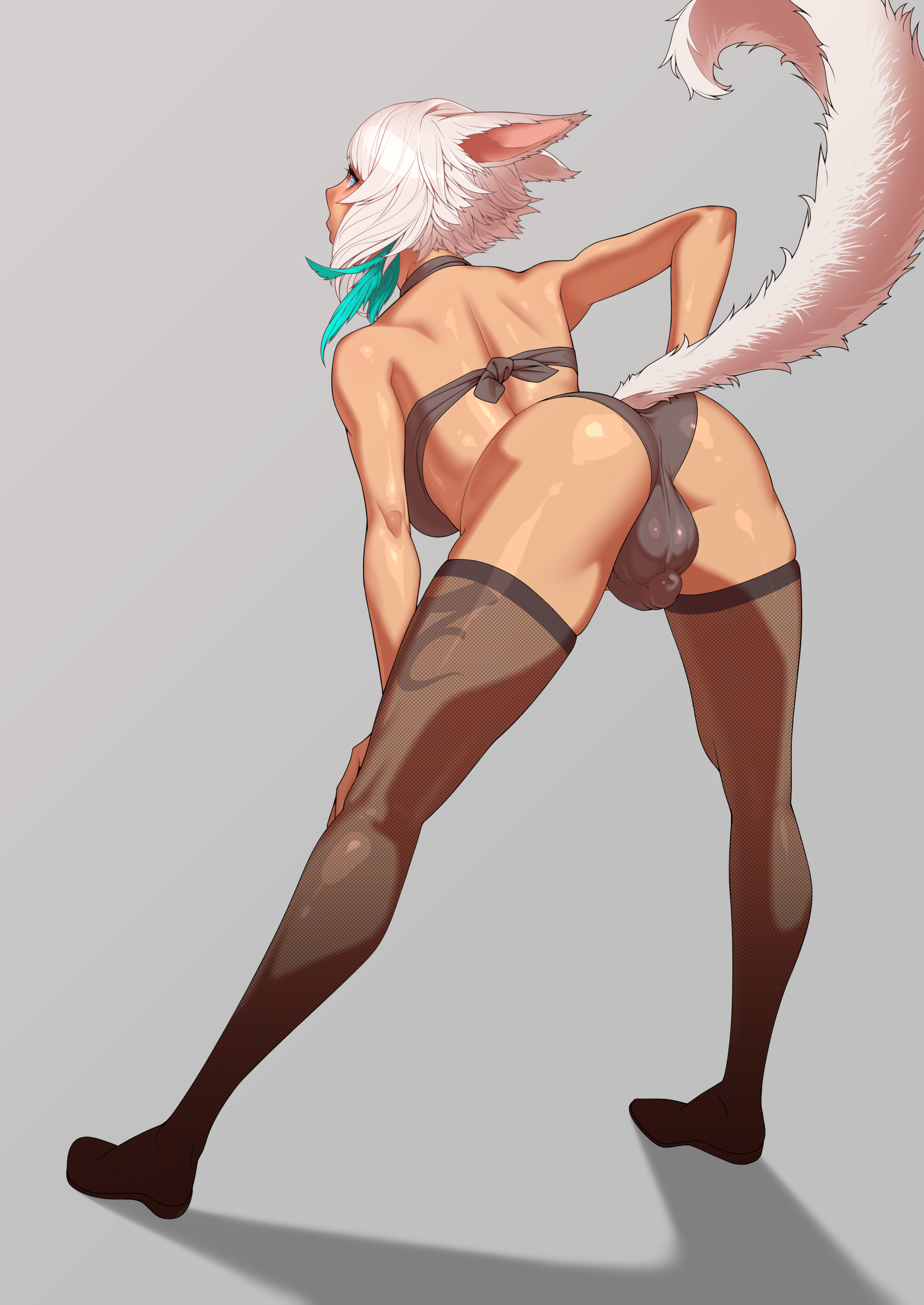 bra, final fantasy, final fantasy xiv, futa only, futanari, intersex, miqo'te, panties, tan body, tan skin, tomoyuki kotani, voluptuous, white hair, white tail, y'shtola