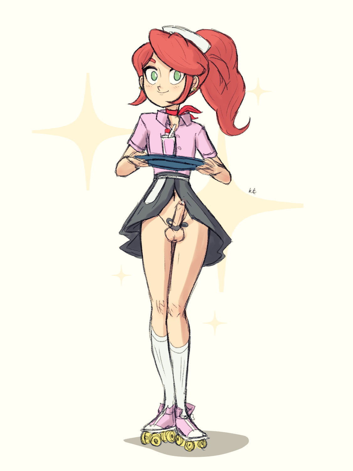 1boy, androgynous, balls, crossdressing, erection, female artist, femboy, girly, green eyes, hat, kt-draws, light skin, light-skinned femboy, long hair, looking at viewer, male, original, penis, penis ribbon, penis under skirt, ponytail, precum, red hair, ribbon, roller skates, sidelocks, skirt, smile, socks, solo, standing, testicles, tied hair, trap, waitress