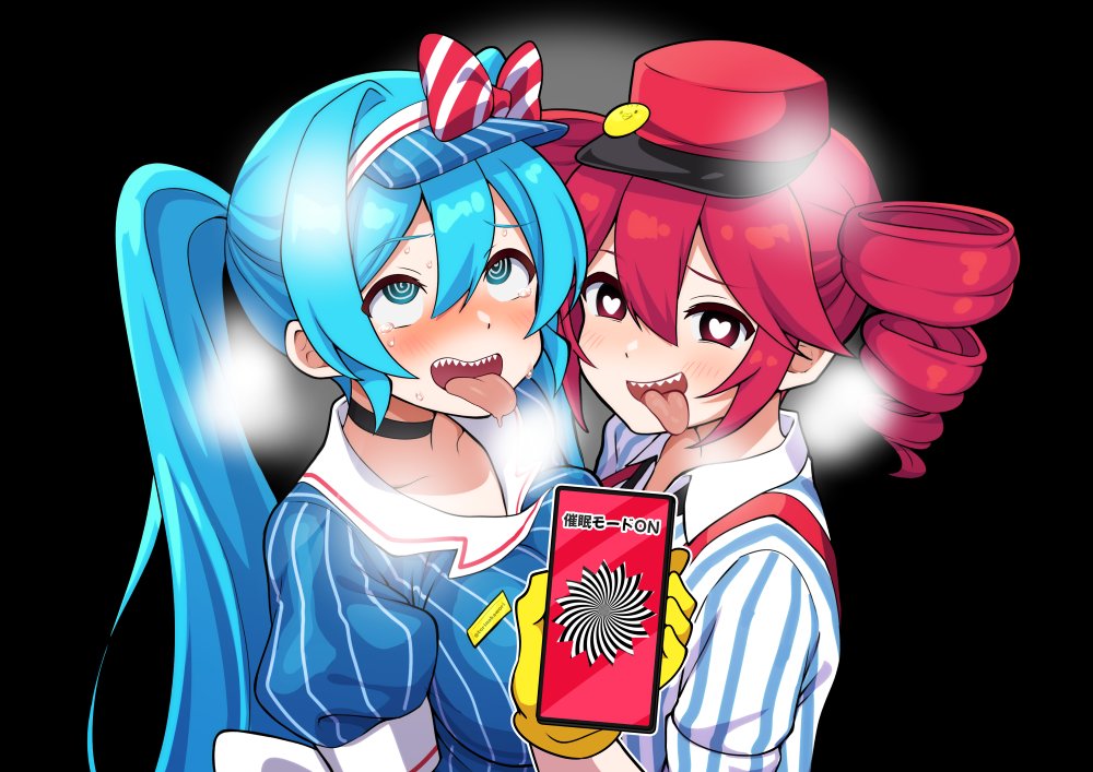 2girls ahe_gao alternate_version_available big_breasts blue_eyes blue_hair bow breast_press breasts_pressed_together breath choker drill_hair drooling gloves hairbow hat hatsune_miku heart-shaped_pupils hypnosis japanese_text kasane_teto long_hair looking_up mesmerized mesmerizer_(vocaloid) mesmerizer_miku mesmerizer_teto mind_control mv_character name_tag nametag necktie overall phone question_mark red_eyes red_hair shadow sharp_teeth small_breasts spiral spiral_eyes spoken_heart spoken_question_mark steamy_breath striped_shirt suggestive tie tongue_out torinokawori twintails uniform visible_breath vocaloid yellow_gloves