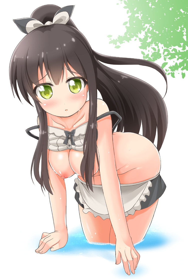 areolae black_hair blush breasts breasts_out female green_eyes groin leaning_forward long_hair looking_at_viewer maid nipples no_panties parted_lips solo tatsumi_kon urara_meirochou