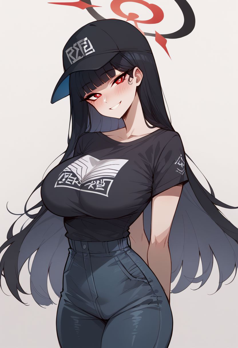 ai_generated bare_arms big_breasts black_hair blue_archive blush clothed clothing color female_focus female_only hi_res large_breasts light-skinned_female light_skin long_hair looking_at_viewer red_eyes rio_(blue_archive) santaclausai solo solo_female tagme thick_thighs