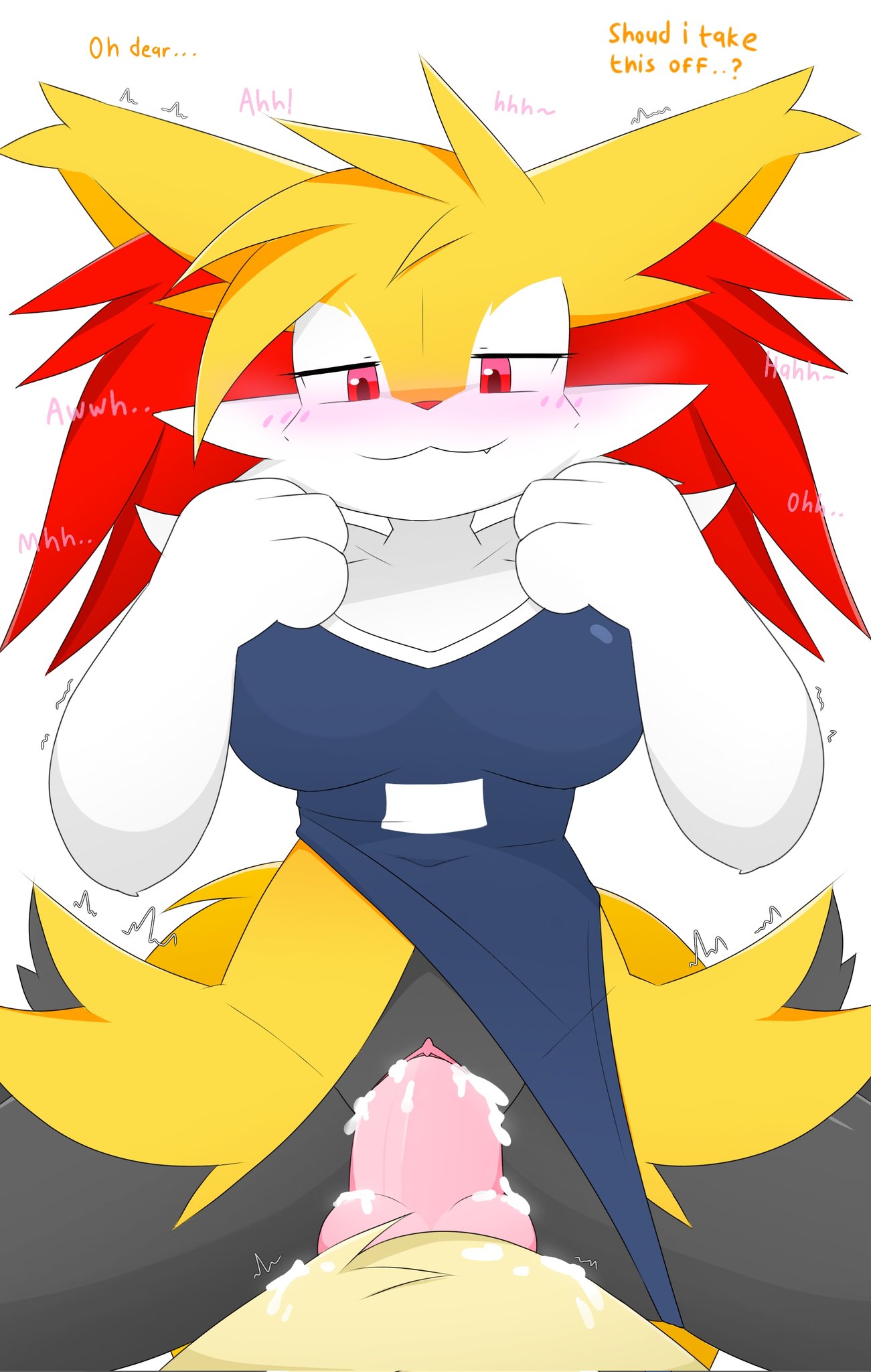 anthro blush bodily_fluids braixen canid canine clothing clothing_aside cowgirl_position cum cum_in_pussy cum_inside duo erection female female_penetrated fur genital_fluids genitals hi_res knot male male/female mammal nakachidragon nintendo one-piece_swimsuit penetration penile penis pokémon_(species) pokemon pokemon_(species) school_swimsuit sex simple_background swimwear swimwear_aside text vaginal_penetration