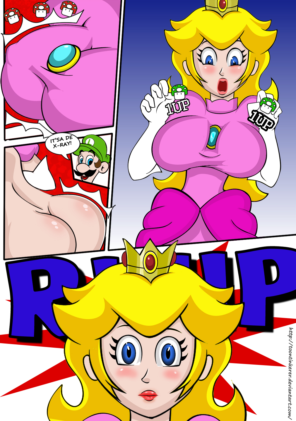 1boy 1girls ass ass_expansion breast_expansion breasts comic dress female female_focus huge_breasts large_ass large_breasts luigi male mario_(series) mushroom nintendo nipples pink_dress princess_peach super_mario_bros. toontinkerer x-ray