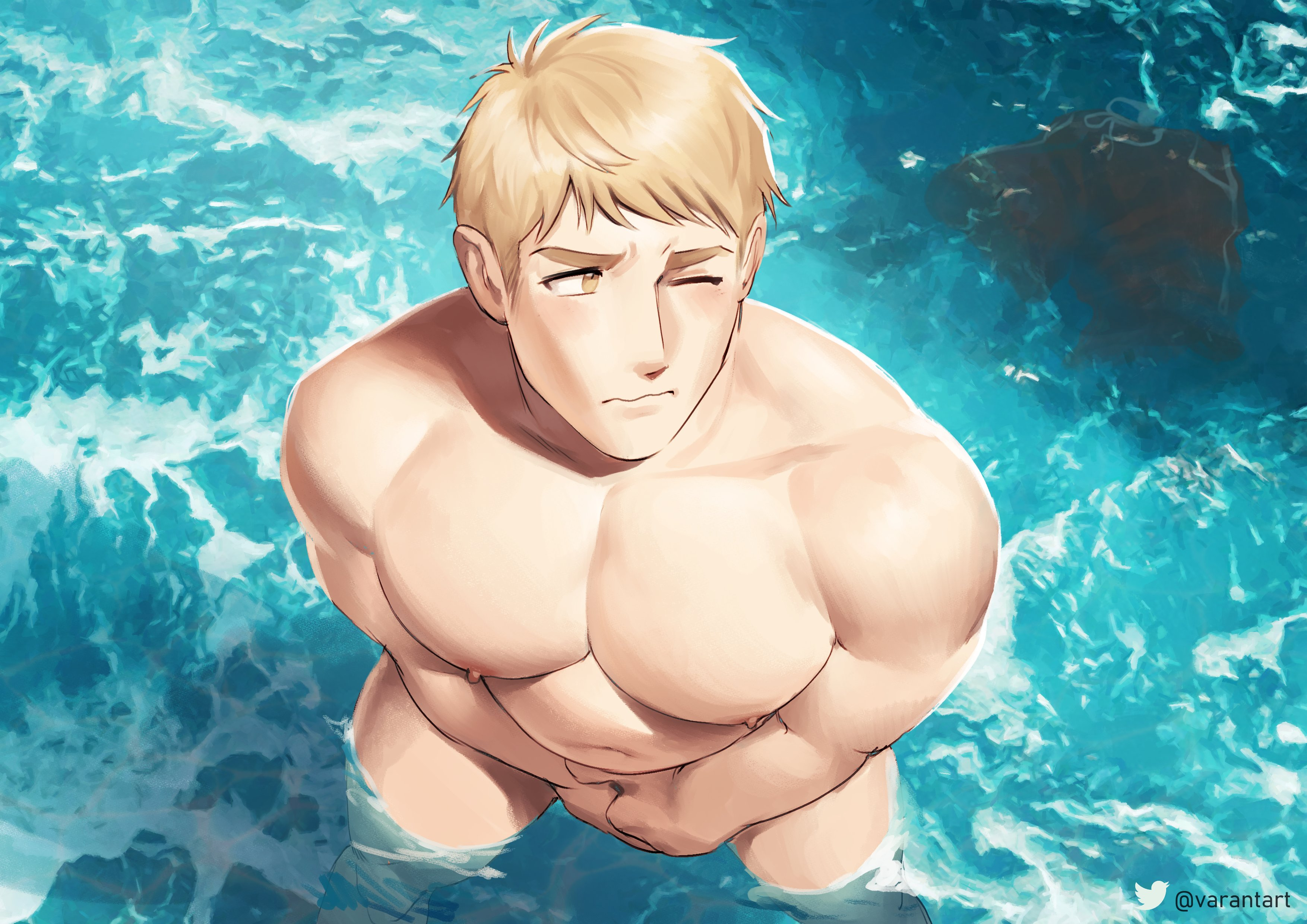 bara, biceps, blonde hair, dungeon meshi, laios touden, male, male nipples, male only, muscular, muscular male, nipples, no visible genitalia, nude, pecs, varantart, wardrobe malfunction, wet, yaoi