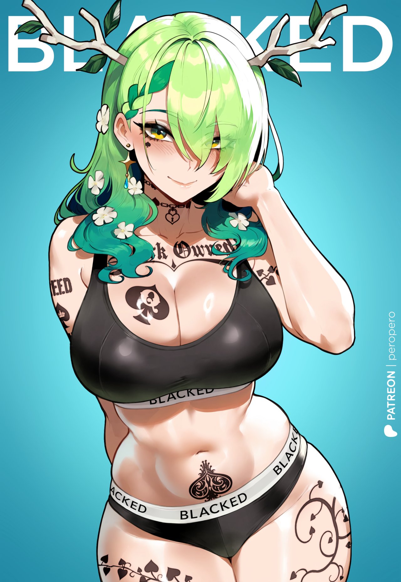 1girls ahoge ai_generated antlers black_bra black_panties blacked blacked_clothing blue_background blush braid ceres_fauna earrings flower french_braid green_hair gym_uniform hi_res highres hololive hololive_english hololive_english_-council- horn horns huge_breasts interracial large_breasts light-skinned_female light_skin long_hair looking_at_viewer mole mole_under_eye pale-skinned_female pale_skin peropero qos qos_clothing qos_tattoo queen_of_spades raceplay simple_background smile smiling snowbunny solo spade spade_tattoo sports_bra sportswear standing tattoo underwear underwear_only vine_tattoo virtual_youtuber yellow_eyes