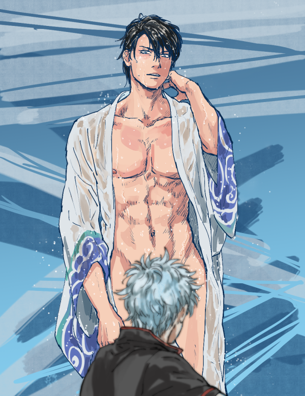 2boys black_hair bottomless convenient_censoring gay gintama gintoki_sakata hijikata_toshiro ken_dog kimono male male_only open_kimono toned toned_male wearing_others_clothes wet_body wet_clothes wet_hair wet_skin yaoi