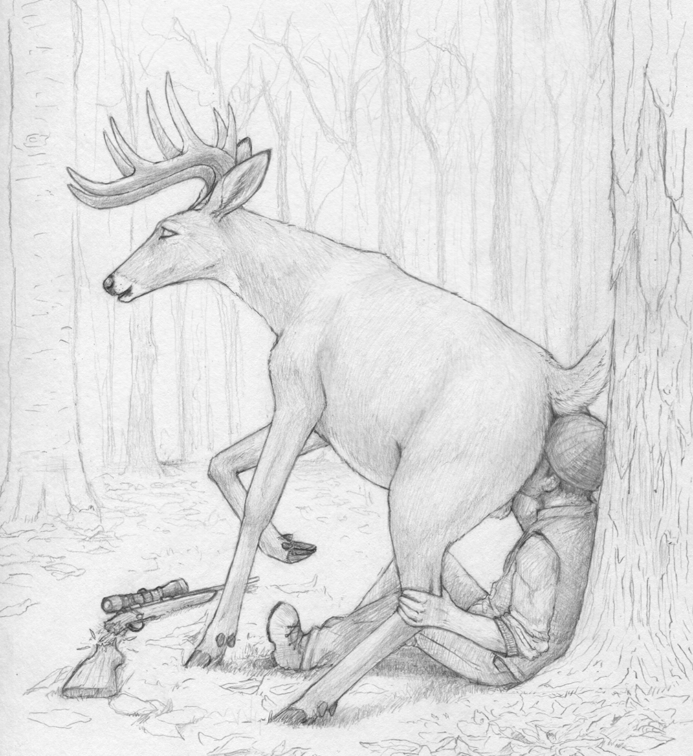 2017 antlers ass balls cervine deer difetra duo facesitting feral footwear fur gun hat hooves horn human human_on_feral interspecies jacket male mammal monochrome nude pants pencil_(artwork) raised_leg ranged_weapon rifle shirt shoes sitting smile traditional_media tree weapon yaoi zoophilia