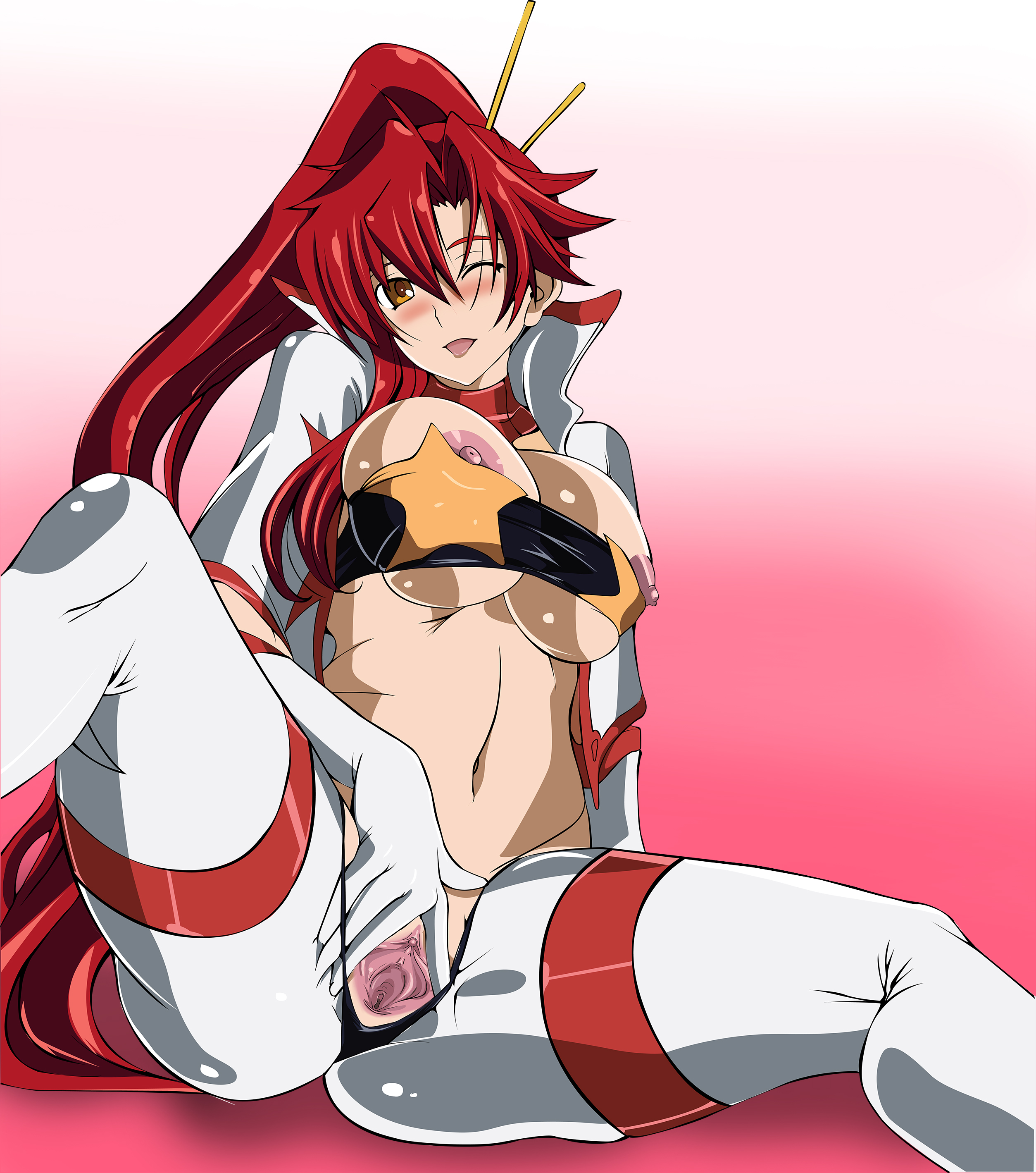 artist request, breasts, elbow gloves, female, gloves, happy, long hair, nipples, one eye closed, pussy, red hair, simple background, source request, space yoko, spread legs, tengen toppa gurren lagann, thighs, uncensored, very long hair, wink, yellow eyes, yoko littner