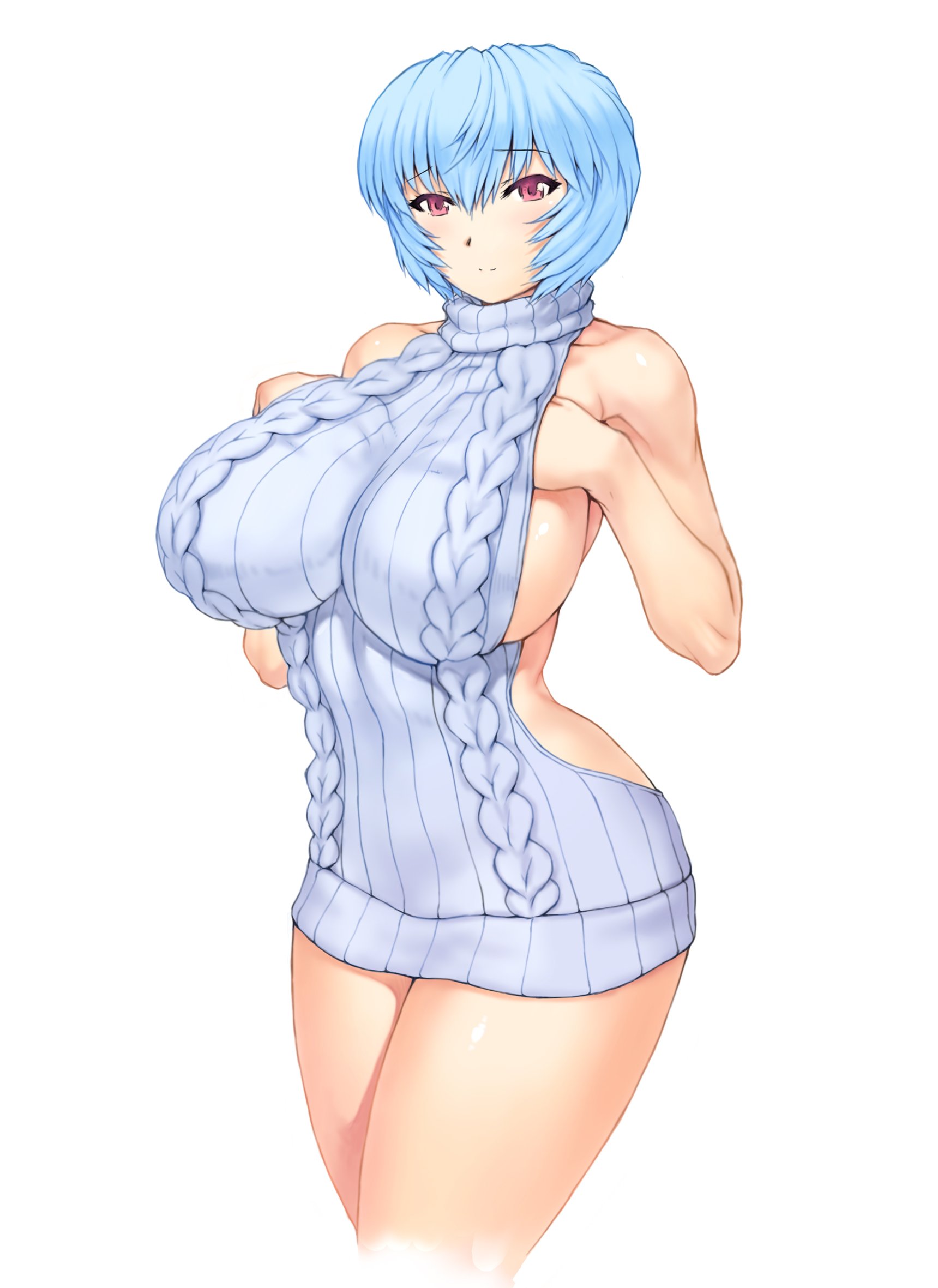 1girls, alternate breast size, bangs, blue hair, blush, breasts, clothing, curvy, female, female only, huge breasts, large breasts, looking at viewer, mogudan, neon genesis evangelion, pink eyes, rei ayanami, shiny skin, short hair, sideboob, simple background, solo, sweater dress, thick thighs, virgin killer sweater, white background