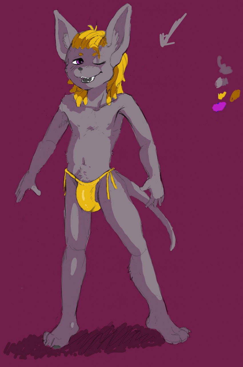 2016 anthro bat bulge clothing hexxy male mammal navel nipples one_eye_closed penis_outline purple_eyes solo thong wink