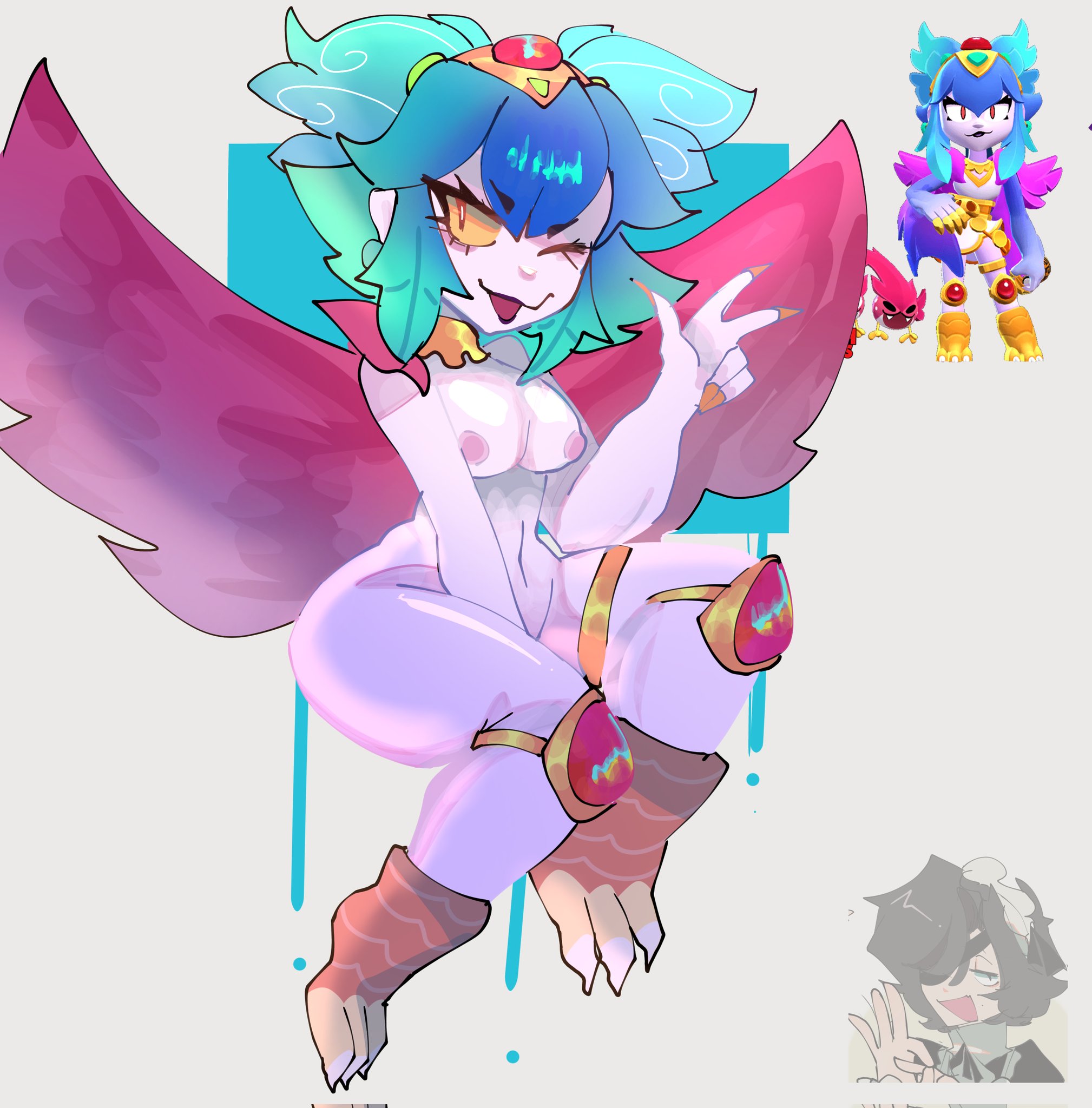 1girls, blue hair, brawl stars, breasts, female, harpy melodie (brawl stars), melodie (brawl stars), multicolored hair, partially clothed, short hair, sky blue hair, small breasts, smile, solo female, supercell, tagme, thighs, wings