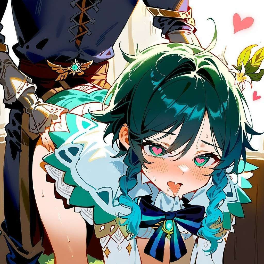 1boy, ai generated, atom (throwaway), doggy style, femboy, genderswap, genderswap (mtf), genshin impact, heart, heart-shaped pupils, male, male only, rule 63, sweat, venti (genshin impact)