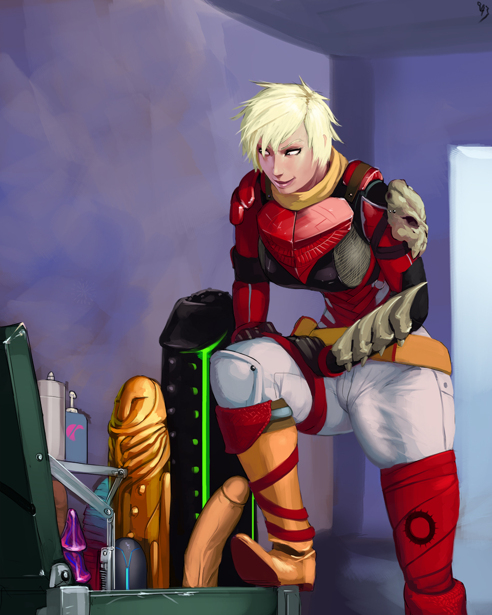 aka6 boots breasts bungie collection destiny_(game) dildo elli female fully_clothed futa_only futanari gloves guardian_(destiny) intersex lotion penis short_hair skull smile titan_(destiny) white_hair