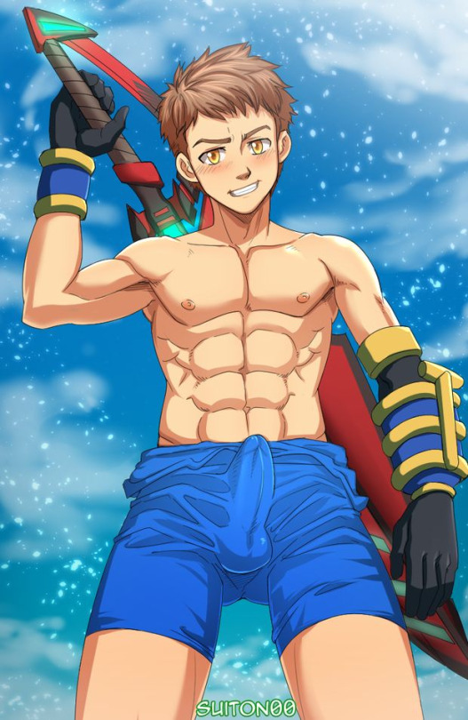 1boy abs amber_eyes balls_outline bare_legs brown_hair erect_nipples erection erection_under_clothes gloves looking_at_viewer male male_nipples male_only muscle nintendo pecs penis_outline rex_(xenoblade) shorts smile solo suiton teeth topless vpl weapon xenoblade_(series) xenoblade_chronicles_2