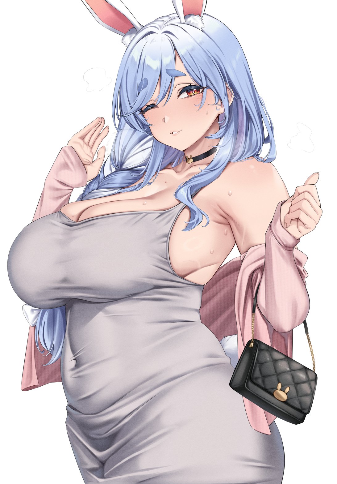 amber eyes, animal ears, armpits, blue hair, braid, braided hair, breasts, bunny ears, bunny girl, choker, chubby, dress, female, hololive, huge breasts, long hair, looking at viewer, milf, moisture (chichi), navel, pekomama, purse, smile, sweat, virtual youtuber, wide hips, wink