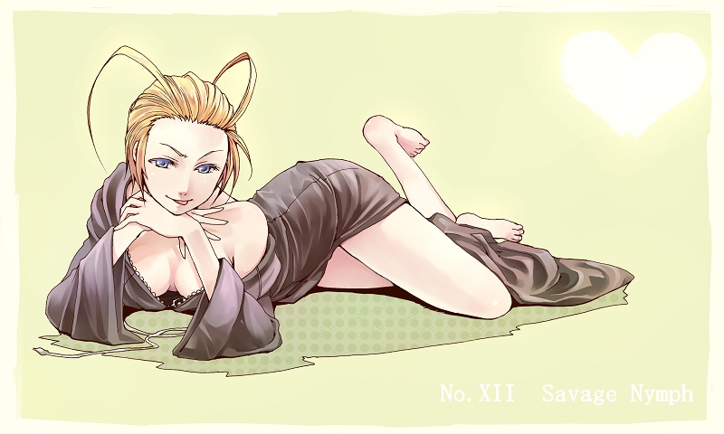 artist_request blonde_hair blue_eyes breasts cleavage disney green_background kingdom_hearts larxene leg_up no_bra nobody_(kingdom_hearts) organization_xiii pinup seductive seductive_look seductive_pose seductive_smile solo square_enix tagme