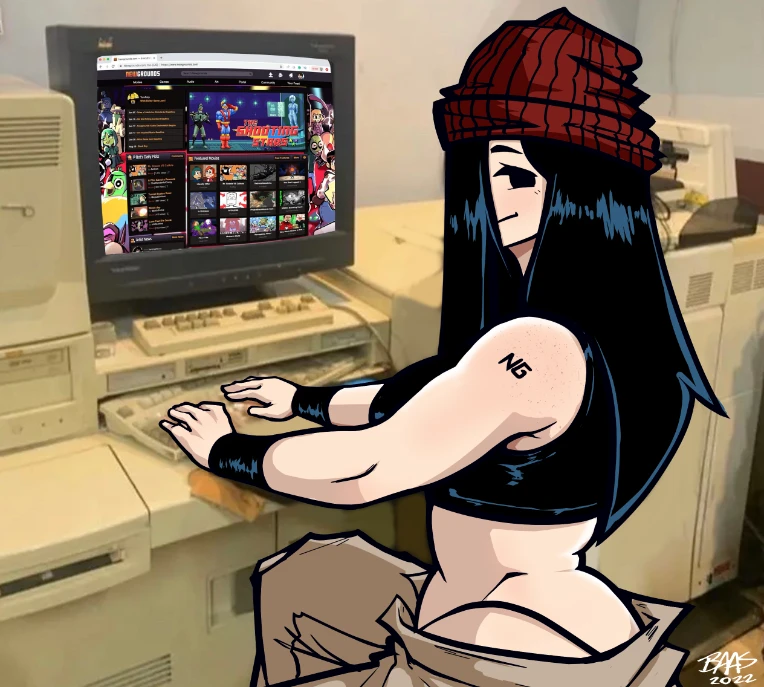 1female 1girls 2d 2d_(artwork) 2d_artwork baasng beanie big_breasts black_hair breasts clothed clothed_female clothes clothing computer female female_focus female_only hair hair_over_one_eye keyboard keyboard_(computer) light-skinned_female light_skin long_hair mole navel_piercing newgrounds ng-girl_(baasng) oc original_character pc red_beanie redraw revealing_clothes sitting sitting_on_chair skinny smile smiling solo solo_female solo_focus string_panties tagme