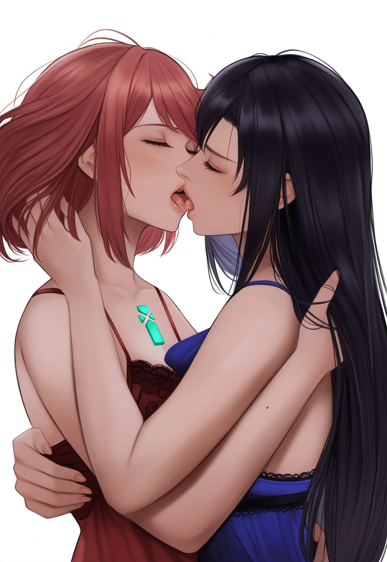 2girls, ai generated, babydoll, babydoll lingerie, blue lingerie, breasts, closed eyes, crossover, female, final fantasy, final fantasy vii, french kiss, grabbing another's hair, hand in another's hair, hand on another's head, hug, kissing, large breasts, lingerie, lips, long hair, messy hair, pyra, pyra (xenoblade), realistic, red lingerie, robofun, saliva, short hair, tifa lockhart, tongue, xenoblade chronicles 2, yuri