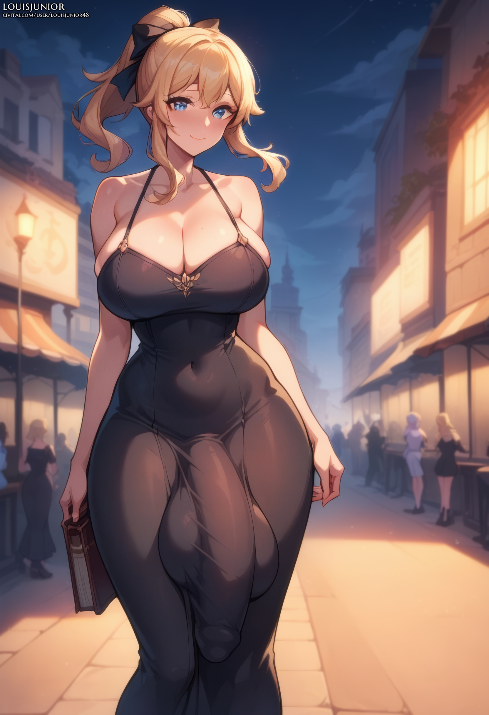 1futa, ai generated, balls, balls under clothes, bangs, bare arms, bare shoulders, big balls, big breasts, big penis, black dress, blonde hair, blue eyes, blush, boob window, breasts, bulge, city, civitai, curvy, dress, flaccid, flaccid penis, futa focus, futa only, futanari, genshin impact, gigantic balls, gigantic penis, gigantic testicles, hair between eyes, hair ribbon, highres, hips, huge balls, huge breasts, huge cock, in public, intersex, jean gunnhildr, light skin, light-skinned futa, looking at viewer, louisjunior, midriff, mihoyo, navel, navel visible through clothes, night, night sky, outdoors, penis, penis under clothes, penis under dress, ponytail, revealing clothes, sidelocks, skin tight, skindentation, smile, solo, solo focus, solo futa, standing, testicles, thick thighs, thighs, uncensored, upscaled, voluptuous, walking, wide hips