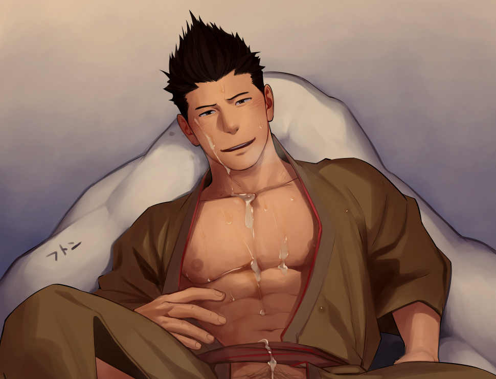 1boy abs blush brown_eyes brown_hair cum cum_on_body itto_(mentaiko) looking_at_viewer male_only muscles nipples pillow pubic_hair robe sangokushi_puzzle_taisen sitting smile solo solo_focus sun_quan sweat