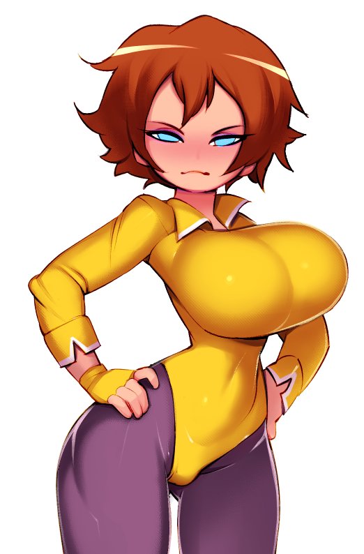 1girls, angry, april o'neil, april o'neil (tmnt 1987), blush, bodysuit, breasts, clothed, doxy, female, glare, handwear, human, large breasts, leggings, pale skin, solo, teenage mutant ninja turtles, thick thighs, thighs, tight clothing, tmnt 1987, wide hips