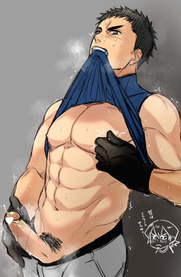1boy abs black_hair bush clenched_teeth cum erection gloves heart_censor hihumi male male_masturbation male_only male_pubic_hair masturbation muscles muscular muscular_male nipple_tweak nipples pecs penis pubic_hair resfrio shirt_lift steam sweat teeth undressing