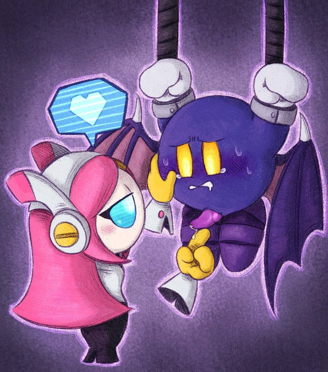 arm_cuffs blush clothing crying dubious_consent half-closed_eyes hand_on_cheek heart kirby_(series) knot male/female meta_knight no_humans pervoborb questionable_consent restrained restrained_wrists restraints susanna_patrya_haltmann susie_(kirby) suspended_in_midair sweat tears wings