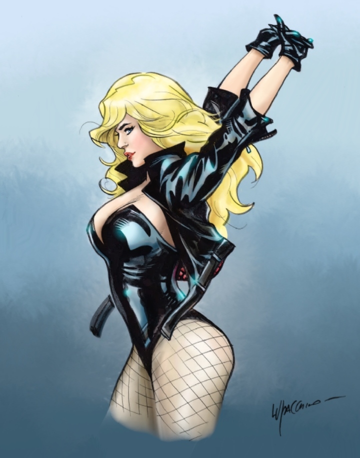 1girls 2024 arms_up artist_signature black_canary black_clothing black_jacket black_leotard blonde_hair blue_eyes dc dc_comics deviantart deviantart_link dinah_lance emanuela_lupacchino fanart fishnets heroine jacket leather leather_clothing leather_jacket leotard light-skinned_female long_hair looking_at_viewer strapless_leotard superheroine