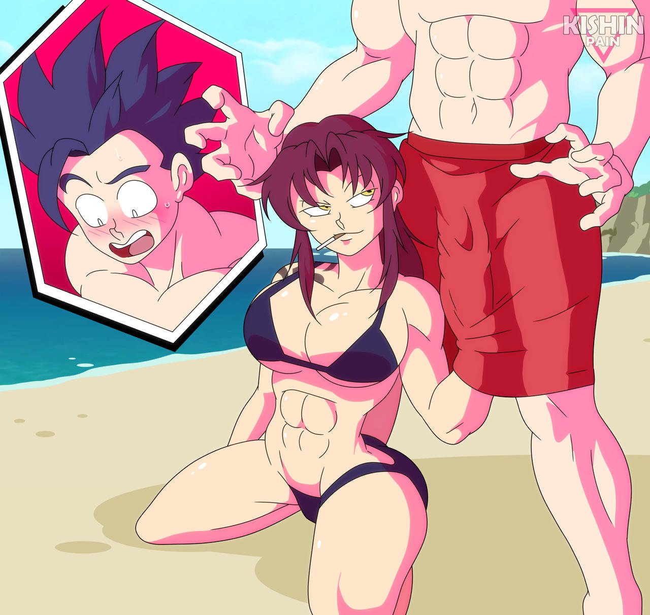 1boy 1girls abs beach big_breasts bikini black_hair black_lagoon breasts brown_hair cigarette crossover dragon_ball dragon_ball_super female huge_breasts implied_handjob kishinpain large_breasts male revy son_gohan straight swimsuit yellow_eyes