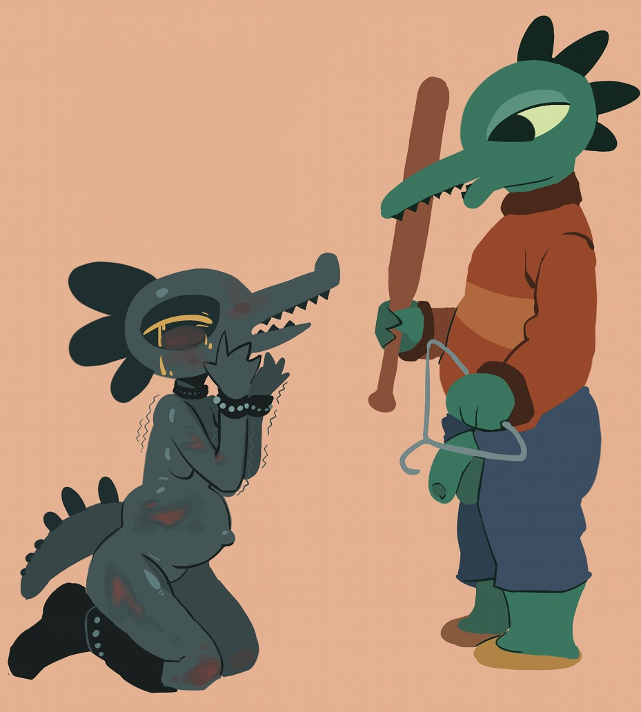 abortion abuse alligator anthro balls bea_(nitw) beaten bruise clothed clothes_hanger clothing crocodilian crying female flaccid green_balls green_penis imminent_rape male mostly_nude mr_santello_(nitw) night_in_the_woods penis pregnant reptile scalie tears