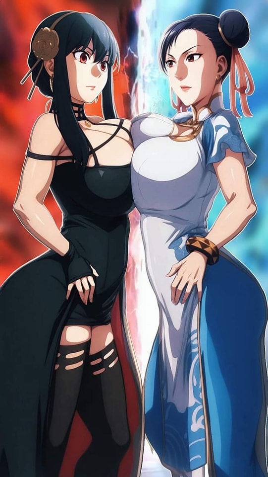 2girls ai-assisted ai_generated artist_request black_hair blue_background breast_press brown_eyes brown_hair capcom catfight chun-li crossover female female_only human large_breasts multiple_girls red_background red_eyes serious shounen_jump+ spy_x_family staredown street_fighter street_fighter_6 yor_briar yor_forger