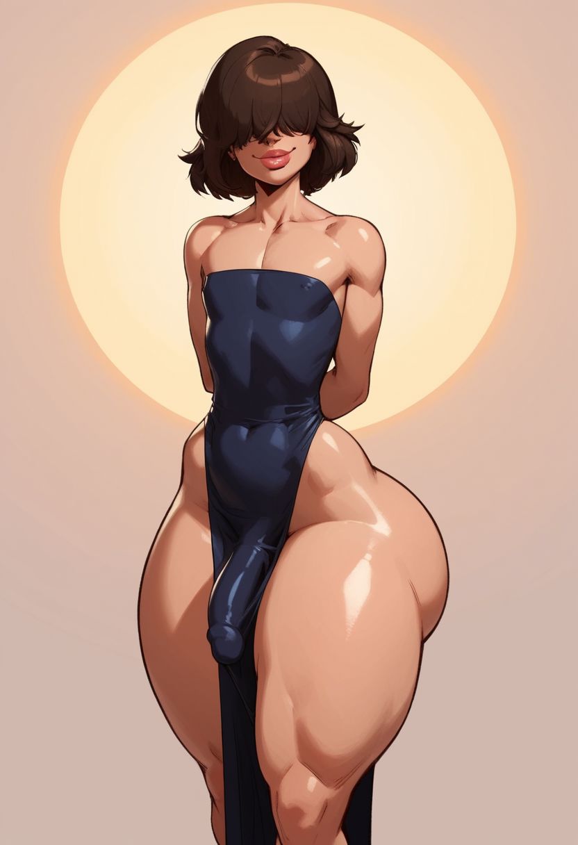 1boy, ai generated, ass, big ass, bimbo lips, breasts, dress, eyes covered, femboy, femboyarashi, feminine male, girly, hourglass figure, huge breasts, looking at viewer, male, male only, penis, sissy, thick thighs, wide hips