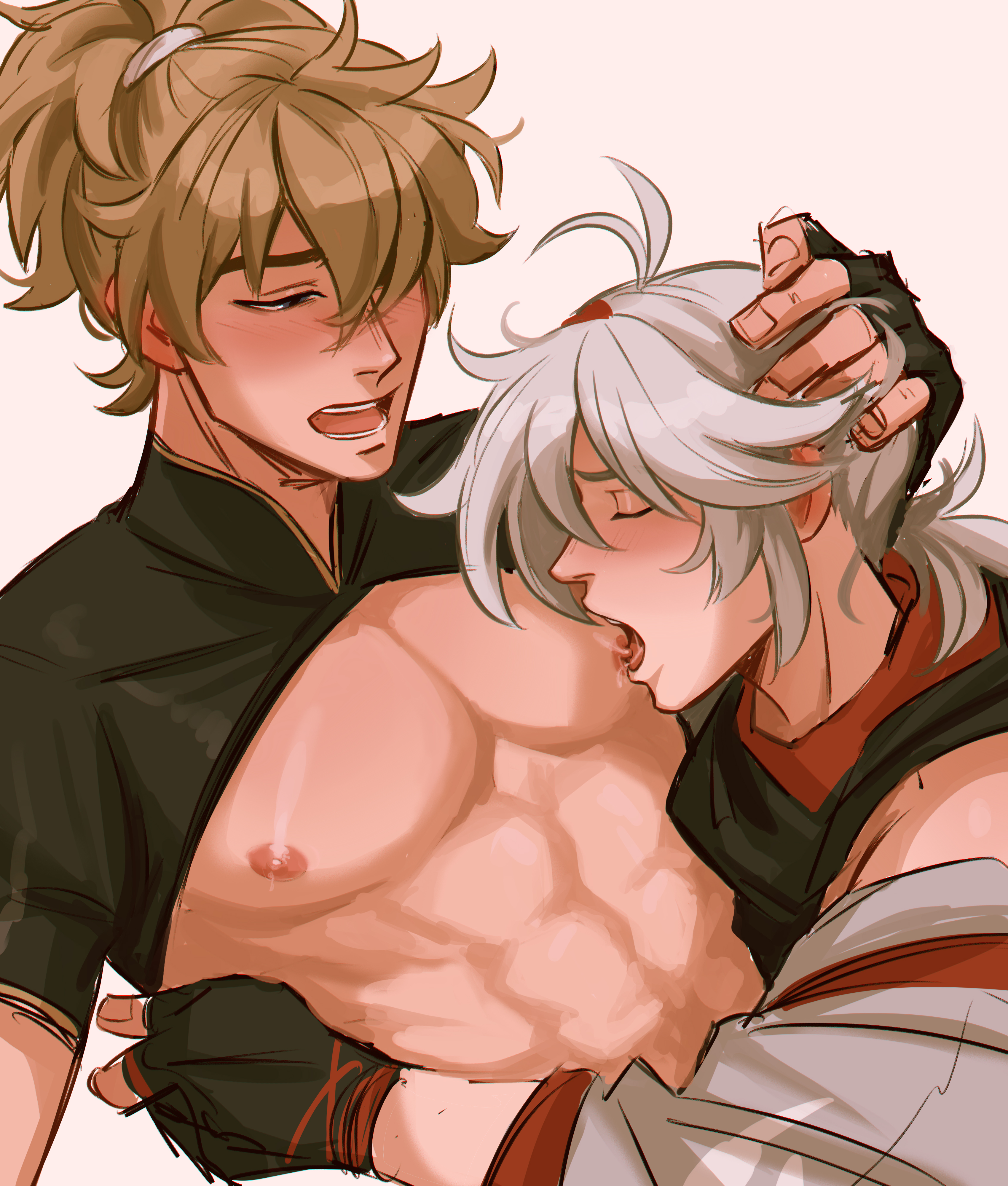 2boys, breastfeeding, breasts, gay, genshin impact, kaedehara kazuha, male, male only, nipple sucking, sombre slahc, tomo (genshin impact), yaoi