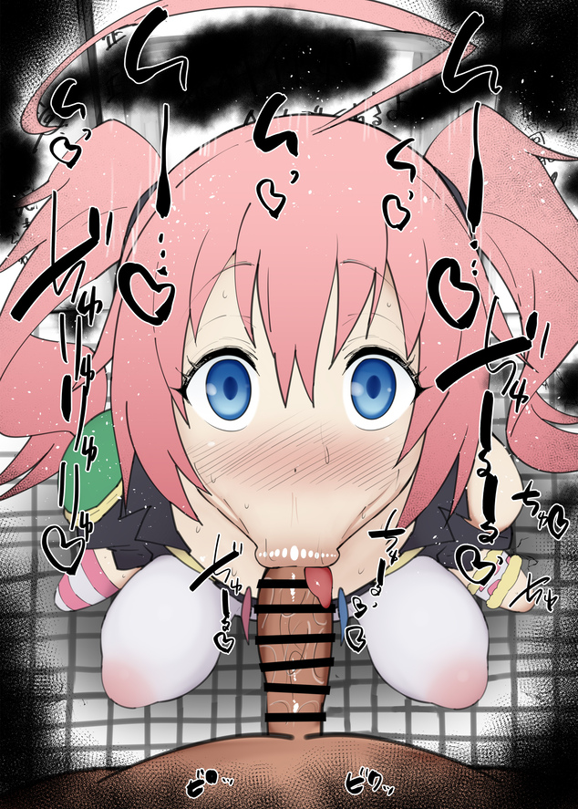 1boy, 1girls, ahoge, big breasts, big penis, blowjob, blue eyes, blush, breasts, censored, dark skin, dark-skinned male, demon, demon girl, detailed background, drooling, eyelashes, fellatio, female, footwear, heart, human, humanoid, indoor, inside, interracial, interspecies, kurotama, legwear, long hair, looking at viewer, male, male on female, male pov, male/female, milim nava, oral, oral sex, penis, red hair, room, saliva, shiny, shiny skin, sketch, sound effects, squatting, stockings, straight, sweat, tensei shitara slime datta ken, text, tied hair, tongue, tongue out, twintails, vein, veins, veiny, veiny penis