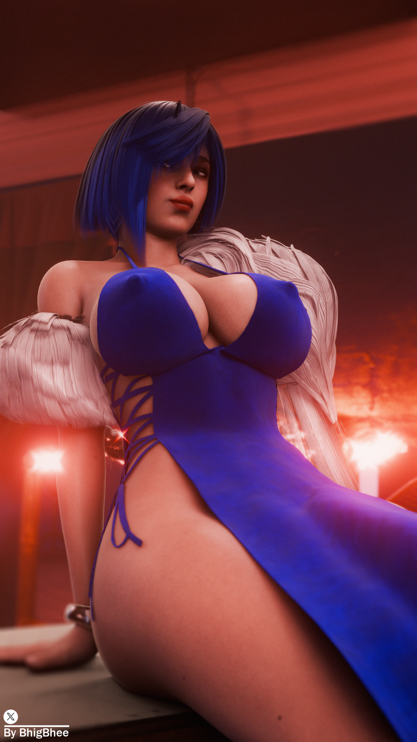 1girls, 3d, ashley graham, ashley graham (ella freya), ass, bhigbhee, bracelet, breasts, capcom, cleavage, cosplay, dress, female, female only, fur, fur coat, genshin impact, hi res, highres, huge breasts, looking at viewer, nipple bulge, resident evil, resident evil 4, resident evil 4 remake, solo, thick thighs, thighs, two-tone hair, watermark, yelan (genshin impact), yelan (genshin impact) (cosplay)