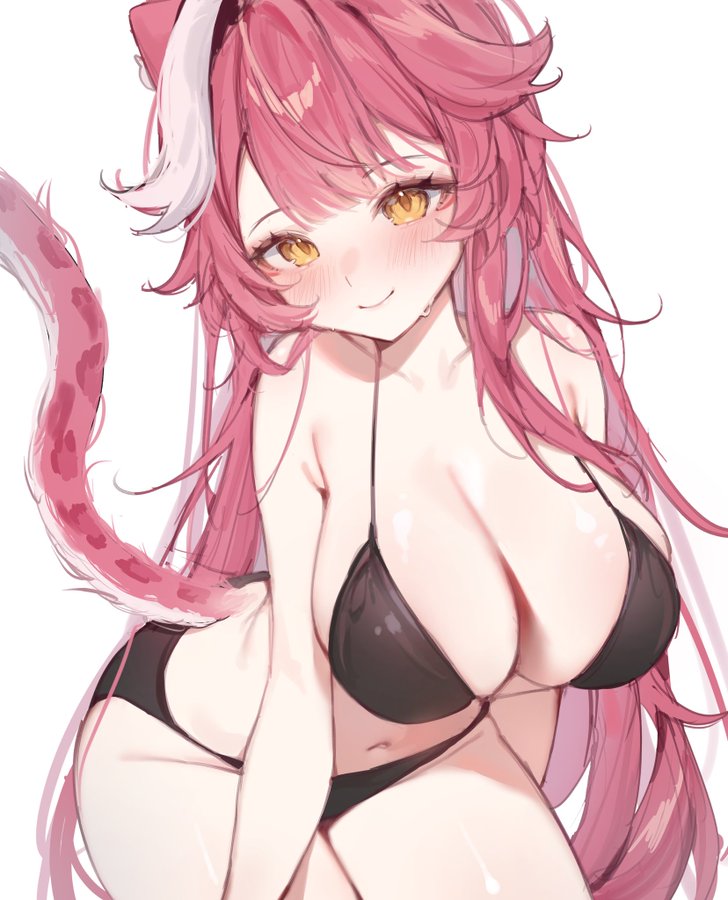 bikini black_bikini blush cat_ears hololive hololive_english hololive_english_-justice- kemonomimi long_hair looking_at_viewer miyuchiq pink_hair raora_panthera simple_background tail virtual_youtuber yellow_eyes