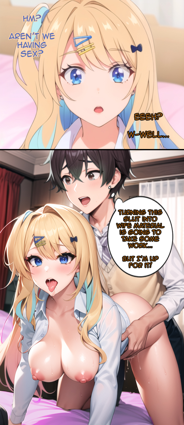 1boy, 1girls, ahe gao, ai generated, all fours, bangs, bed, bed sheet, blonde hair, blue eyes, blush, bottomless, bow, breasts, breasts outside, brown eyes, collarbone, comic, crextcomic, doggy style, earrings, english text, eyebrows visible through hair, female, gyaru, hair between eyes, hair ornament, hairbow, hairclip, indoors, kashima ryuuto, keikenzumi na kimi to, keiken zero na ore ga, otsukiai suru hanashi, large breasts, long hair, long sleeves, looking at viewer, male, nipples, on bed, open mouth, open shirt, pussy, pussy juice, school uniform, sex, sex from behind, shirakawa runa, shirt, straight, sweat, tongue, tongue out, white shirt