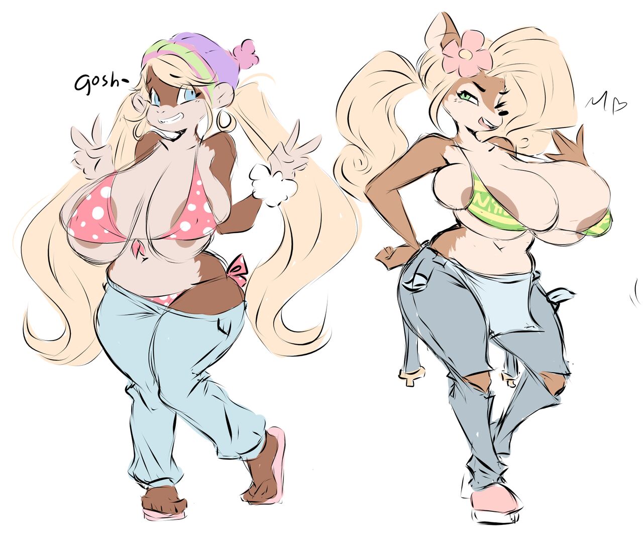 2girls bandicoot big_boobs big_breasts big_tits bikini blonde_hair boobs breasts coco_bandicoot crash_(series) crash_bandicoot_(series) donkey_kong_(series) dullvivid female monkey_girl multiple_girls only_female perfect_body smile tiny_kong tits twintails